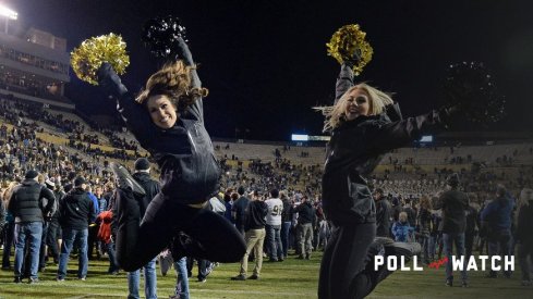 Nov 26, 2016; Boulder, CO, USA; Colorado Buffaloes cheerleaders celebrate the win over the Utah Utes at Folsom Field. The Buffaloes defeated the Utes 27-22. Mandatory Credit: Ron Chenoy-USA TODAY Sports