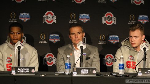 Raekwon McMillan, Urban Meyer and Pat Elflein meet the media in Phoenix. 