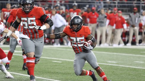 Pat Elflein and Mike Weber work together on a run earlier this season. 