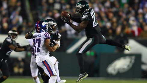 Former Ohio State defensive back Malcolm Jenkins intercepts Eli Manning.