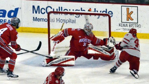 Drew Brevig looks on as Ohio State's Matt Tomkins makes a save against Miami.