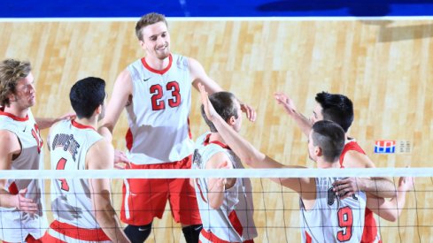 Men's volleyball celebrates after downing Long Beach State for their record-tying 32nd consecutive win.