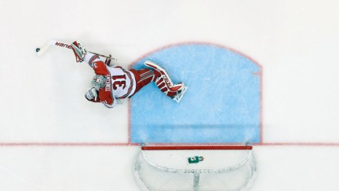 Senior goalie Matt Tomkins tends the Buckeye net.