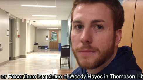 True or false: there is a statue of Woody Hayes in Thompson Library.