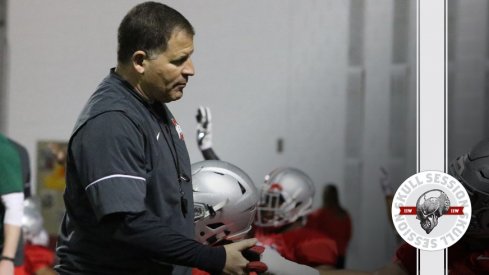 Greg Schiano shakes a walk-ons hand for the April 24 2017 Skull Session