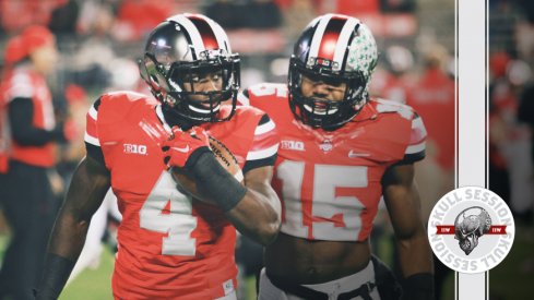 Curtis Samuel and Ezekiel Elliott watch the April 29 2017 Skull Session