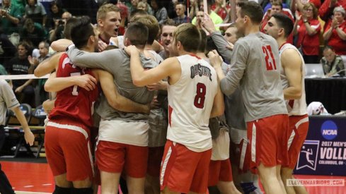 Ohio State celebrates their men's volleyball over Hawai'i in the NCAA semifinals.