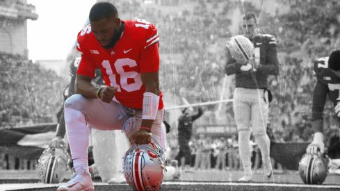 Nov 11, 2017; Columbus, OH, USA; Ohio State Buckeyes quarterback J.T. Barrett (16) kneels before a game against the Michigan State Spartans at Ohio Stadium. Mandatory Credit: Joe Maiorana-USA TODAY Sports