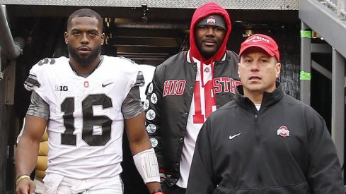 J.T. Barrett, Cardale Jones and Mickey Marotti emerge from the locker room after Barrett left Saturday's game with an injury.