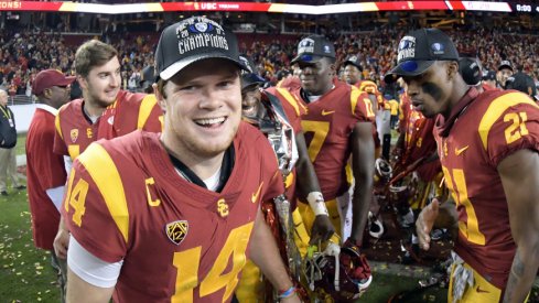 Dec 1, 2017; Santa Clara, CA, USA; Southern California Trojans quarterback Sam Darnold (14) celebrates after the Pac-12 Conference championship game against the Stanford Cardinal at Levi's Stadium. USC defeated Stanford 31-28 Mandatory Credit: Kirby Lee-USA TODAY Sports