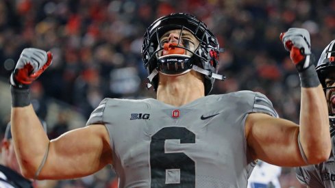 Oct 28, 2017; Columbus, OH, USA; Ohio State Buckeyes defensive end Sam Hubbard (6) and defensive lineman Dre'Mont Jones (86) react to a defensive play against the Penn State Nittany Lions in the second half at Ohio Stadium. Mandatory Credit: Aaron Doster-USA TODAY Sports