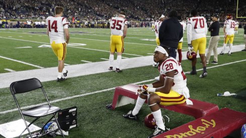 Oct 21, 2017; South Bend, IN, USA; Southern California Trojans safety C.J. Pollard (28) sits on the bench late in the 4th quarter in a loss to the Notre Dame Fighting Irish at Notre Dame Stadium. Mandatory Credit: Brian Spurlock-USA TODAY Sports