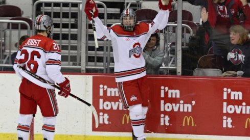 Ohio State's Tanner Laczynski celebrates another goal.