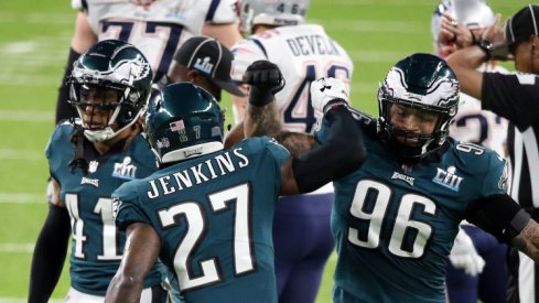 Feb 4, 2018; Minneapolis, MN, USA; Philadelphia Eagles strong safety Malcolm Jenkins (27) celebrates with defensive end Derek Barnett (96) after a hit on New England Patriots wide receiver Brandin Cooks (14) during the second quarter in Super Bowl LII at U.S. Bank Stadium. Mandatory Credit: Charles LeClaire-USA TODAY Sports