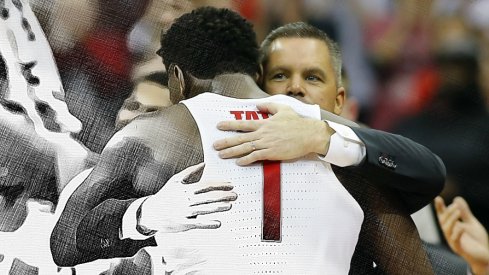Feb 20, 2018; Columbus, OH, USA; Ohio State Buckeyes forward Jae'Sean Tate (1) gets a congratulatory hug from head coach Chris Holtmann as he leaves the floor for the last time during the second half against the Rutgers Scarlet Knights at Value City Arena. Mandatory Credit: Joe Maiorana-USA TODAY Sports