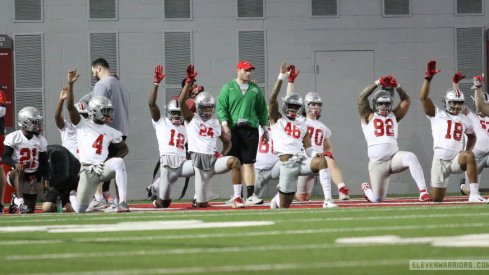 Marcus Williamson, Jordan Fuller, Shaun Wade, Damon Arnette, Haskell Garrett and Jonathon Cooper stretch before spring practice