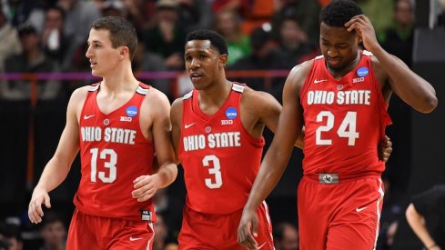 Mar 17, 2018; Boise, ID, USA; Ohio State Buckeyes guard Andrew Dakich (13), guard C.J. Jackson (3), and forward Andre Wesson (24) react during the second half against the Gonzaga Bulldogs during the second round of the 2018 NCAA Tournament at Taco Bell Arena. Mandatory Credit: Kyle Terada-USA TODAY Sports