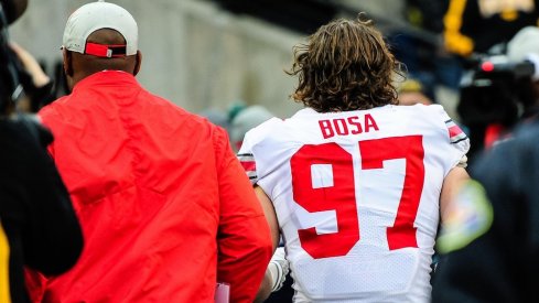 Nov 4, 2017; Iowa City, IA, USA; Ohio State Buckeyes defensive lineman Nick Bosa (97) heads off the field after being ejected during the second quarter against the Iowa Hawkeyes at Kinnick Stadium. Mandatory Credit: Jeffrey Becker-USA TODAY Sports