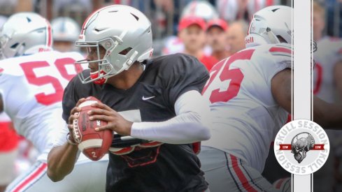 Dwayne Haskins looks down the field for the April 16 2018 Skull Session