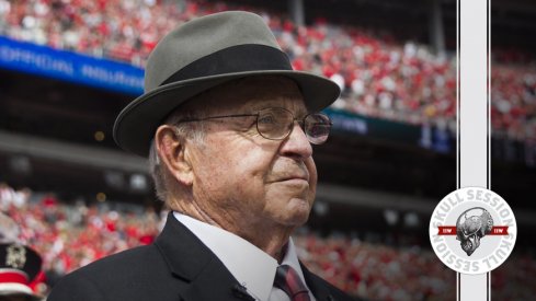 Earle Bruce smiles down on the April 25 2018 Skull Session