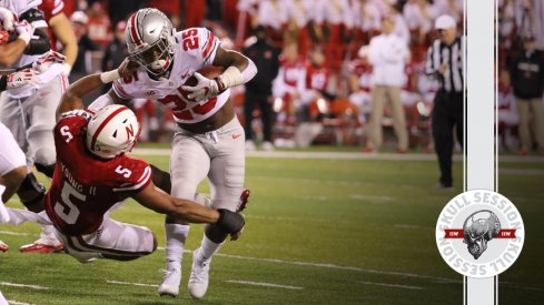 Mike Weber stiff arms the June 24 2018 Skull Session