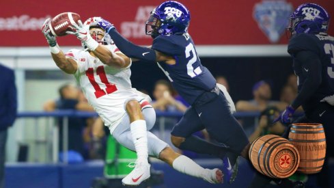Sep 15, 2018; Arlington, TX, USA; Ohio State Buckeyes wide receiver Austin Mack (11) catches a pass against TCU Horned Frogs cornerback Julius Lewis (24) in the first quarter at AT&T Stadium. Mandatory Credit: Tim Heitman-USA TODAY Sports