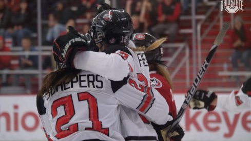 Maddy Field and company celebrate a big goal vs. St. Cloud State.