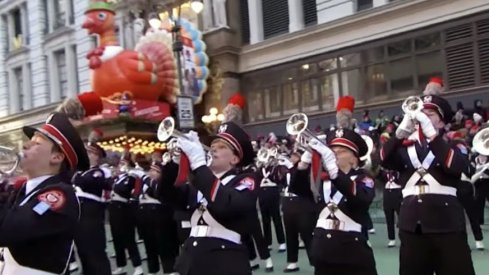 The Ohio State University Marching Band performing in the 2018 Macy's Thanksgiving Day Parade in New York City