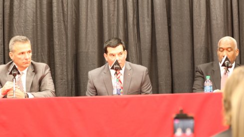 Urban Meyer, Ryan Day and Gene Smith