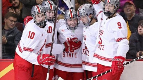 The Buckeyes celebrate a goal in their 5-4 win over Mercyhurst.