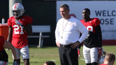 Parris Campbell, Urban Meyer and Demario McCall during Ohio State practice.