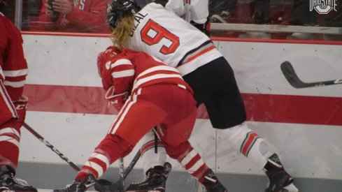 Madison Bizal battles a Badger in Ohio State's game vs. Wisconsin on Saturday.