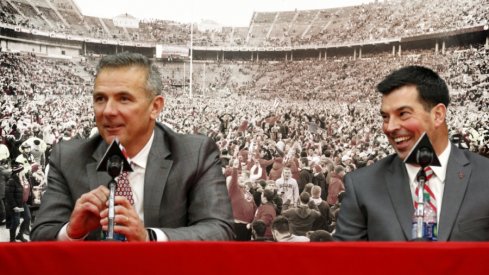 Nov 24, 2018; Columbus, OH, USA; Ohio State Buckeyes fans swarm the field after a victory over the Michigan Wolverines at Ohio Stadium. Mandatory Credit: Greg Bartram-USAT Sports | Dec 4, 2018; Columbus, OH, USA; Ohio State Buckeyes head coach Urban Meyer (left) addresses members of the media to announce his intentions to step down from coaching after the Rose Bowl game. Meyer is pictured with newly named head coach Ryan Day during the press conference at the OSU Fawcett Center. Joe Maiorana-USAT Sports