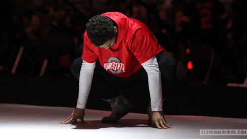 Ke-Shawn Hayes pauses before his match vs. Michigan's Alec Pantaleo, Jan. 25, 2019.