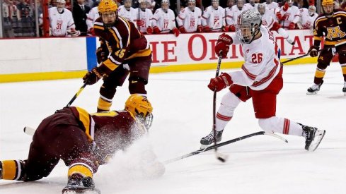 Buckeye captain Mason Jobst takes a shot in Saturday's 4-3 loss to Minnesota. 