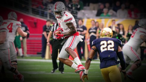 Jan 1, 2016; Glendale, AZ, USA; Ohio State Buckeyes wide receiver Braxton Miller (1) makes a catch as Ohio State Buckeyes cornerback Marshon Lattimore (2) defends during the first half in the 2016 Fiesta Bowl at University of Phoenix Stadium. Mandatory Credit: Matt Kartozian-USA TODAY 