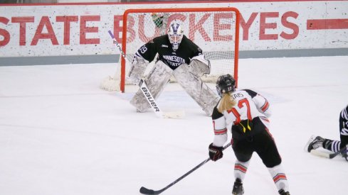 Emma Maltais lines up the game winning goal in overtime of Game 1 against Minnesota State.