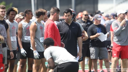 Ryan Day and wide receivers coach Brian Hartline at a recent recruiting camp.