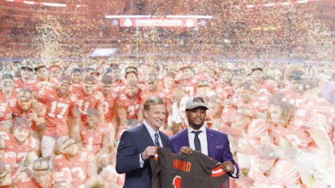 Apr 26, 2018; Arlington, TX, USA; Denzel Ward (Ohio State) is selected as the number four overall pick to the Cleveland Browns in the first round of the 2018 NFL Draft at AT&T Stadium | Dec 29, 2017; Arlington, TX, USA; Ohio State Buckeyes players pose for a photo after the game against the USC Trojans in the 2017 Cotton Bowl at AT&T Stadium