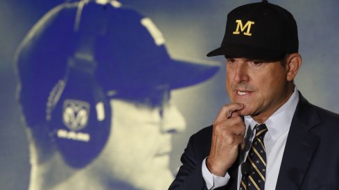 Jul 19, 2019; Chicago, IL, USA; Michigan Wolverines head coach Jim Harbaugh speaks during the Big Ten Football Media Days event at Hilton Chicago. Mandatory Credit: Jim Young-USA TODAY Sports