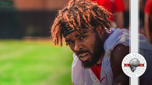 Future first-round pick Damon Arnette stares at today's skull session.