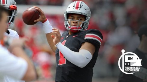 Justin Fields sets and fires. 