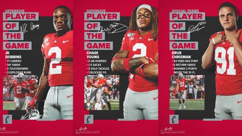 J.K. Dobbins, Chase Young and Drue Chrisman were named Ohio State's players of the game for the win over Cincinnati.