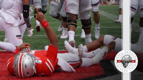 Justin Fields lays in pay dirt in today's skull session.