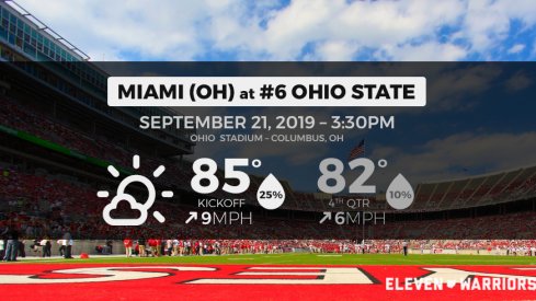 Expect it to rain throughout the morning, with it mostly clearing for kickoff between Ohio State and Miami (Ohio).