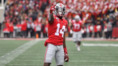 K.J. Hill was one of 10 Buckeye players to record a catch for Ohio State's in its 73-14 trouncing of Maryland.