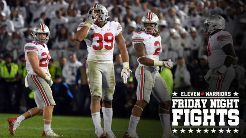 Sep 29, 2018; University Park, PA, USA; Ohio State Buckeyes linebacker Malik Harrison (39) reacts after stopping the Penn State Nittany Lions on fourth down in the fourth quarter at Beaver Stadium. Mandatory Credit: James Lang-USA TODAY Sports