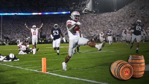 Sep 29, 2018; University Park, PA, USA; Ohio State Buckeyes wide receiver K.J. Hill (14) crosses the goal line to score the go ahead touchdown in the fourth quarter against the Penn State Nittany Lions at Beaver Stadium. Mandatory Credit: James Lang-USA TODAY Sports