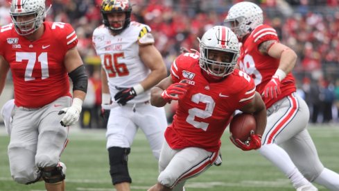 J.K. Dobbins running the ball against Maryland.