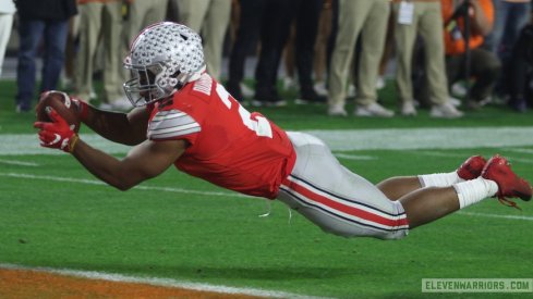 J.K. Dobbins going to the ground on his near-touchdown catch.